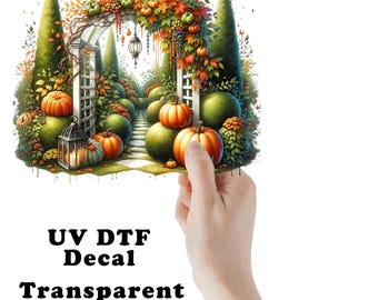 Fall Garden with Pumpkins UV DTF Transparent Decal / Sticker You Choose Size