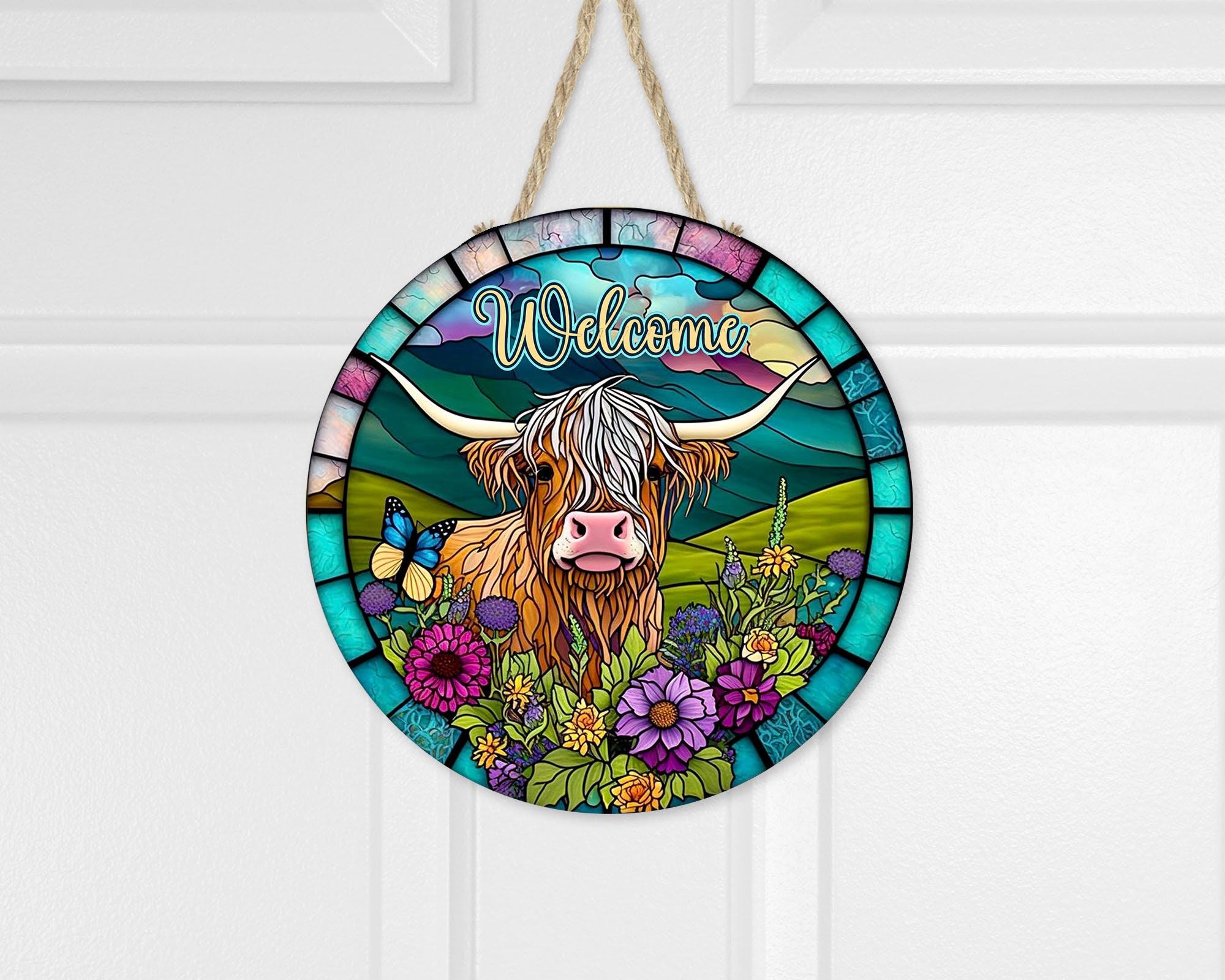 Western Welcome Sign, Faux Stain Glass Highland Cow Welcome Round Wood Sign Farmhouse Door Hanger Wreath Sign, Western Decor