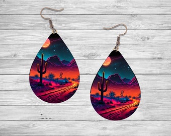 New Release, Neon Desert Night Earrings, Teardrop Dangle Printed Earrings Jewelry Handmade