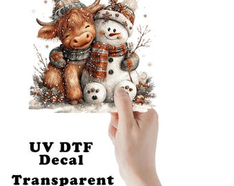Highland Cow Hugging Snowman Christmas UV DTF Transparent Decal / Sticker You Choose Size
