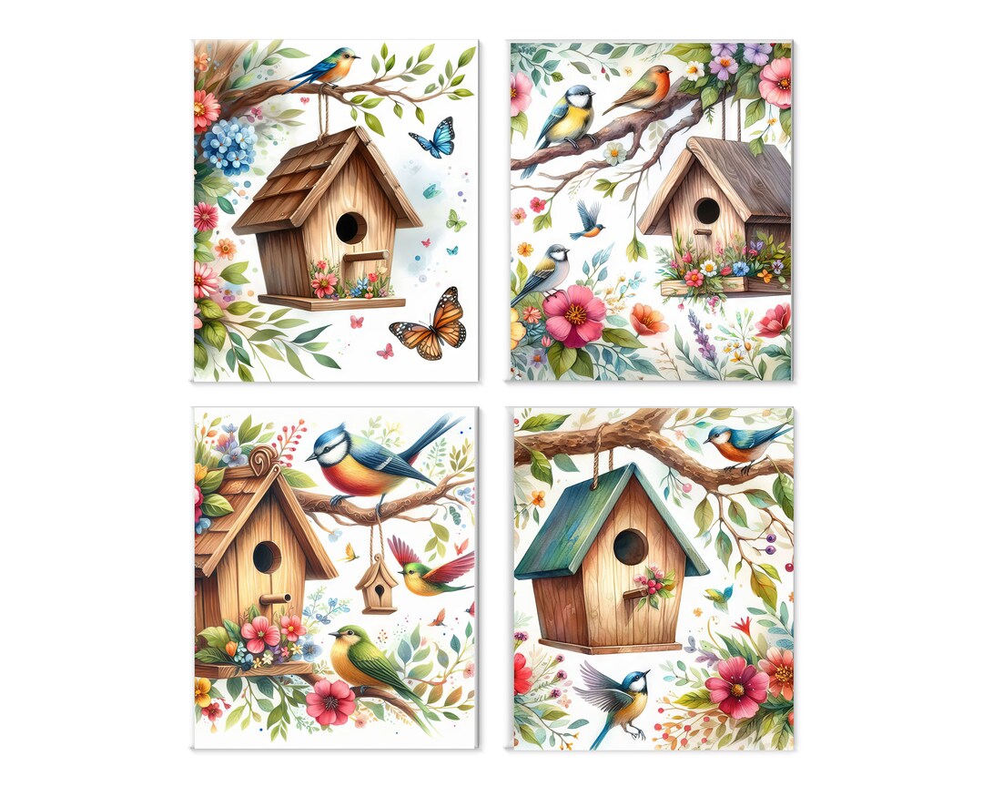 Set of 4 8x10 Birds and Floral Birdhouse Wall Art, Canvas Prints ...