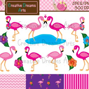 May include: A set of pink flamingo illustrations with floral accents. The illustrations include a pair of flamingos standing in a blue pond, a flamingo with a flower lei, and a flamingo with a heart above its head. The set also includes two floral patterns, one with pink and white stripes and the other with purple and pink flowers.