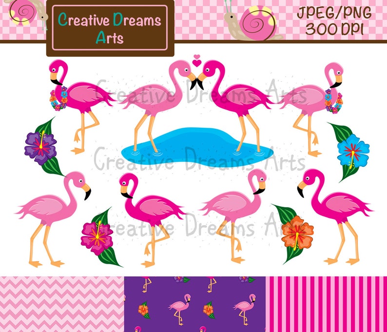 May include: A set of pink flamingo illustrations with floral accents. The illustrations include a pair of flamingos standing in a blue pond, a flamingo with a flower lei, and a flamingo with a heart above its head. The set also includes two floral patterns, one with pink and white stripes and the other with purple and pink flowers.