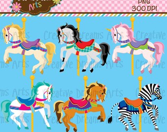 May include: Six colorful carousel horses, each with a different design and color scheme. The horses are white, black, brown, pink, and zebra striped. They are all standing on a blue background.