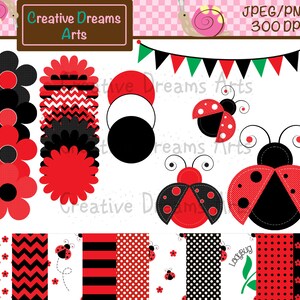 May include: A set of digital clipart featuring red and black ladybugs, flowers, and polka dot patterns. The clipart is perfect for creating invitations, cards, and other crafts.