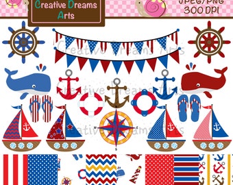 May include: A set of nautical themed digital clipart featuring red, white, and blue colors. The set includes anchors, sailboats, whales, life preservers, flip flops, a compass, and a banner. The clipart is perfect for creating invitations, cards, and other crafts.