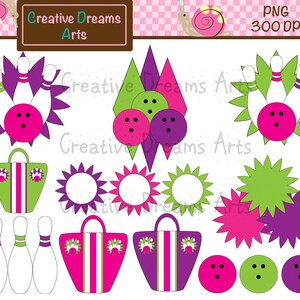 May include: A set of digital clipart images featuring bowling-themed designs. The set includes bowling pins, bowling balls, and bags with bowling ball designs. The colors used are pink, green, purple, and white.
