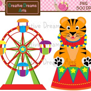 May include: A red and green Ferris wheel with yellow, purple, and blue gondolas. A tiger wearing a red and blue circus costume sits on a red and green platform with yellow stars.