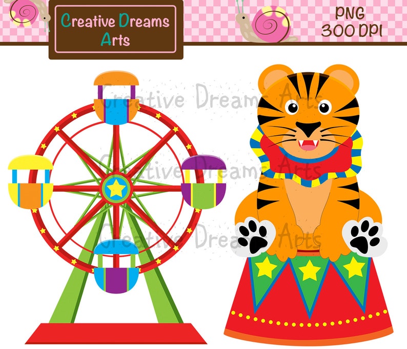 May include: A red and green Ferris wheel with yellow, purple, and blue gondolas. A tiger wearing a red and blue circus costume sits on a red and green platform with yellow stars.
