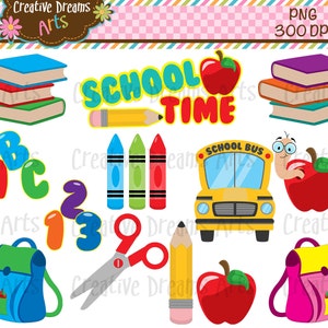 May include: A set of colorful school-themed clipart images, including a school bus, crayons, a pencil, scissors, an apple, a backpack, books, and letters and numbers. The text "School Time" is featured in the image.