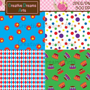 May include: Four digital paper patterns featuring circus themes. The first pattern is blue with red balls and yellow stars. The second pattern is white with red, yellow, purple, and blue polka dots. The third pattern is red and white diamond shapes. The fourth pattern is green with purple and orange drums.
