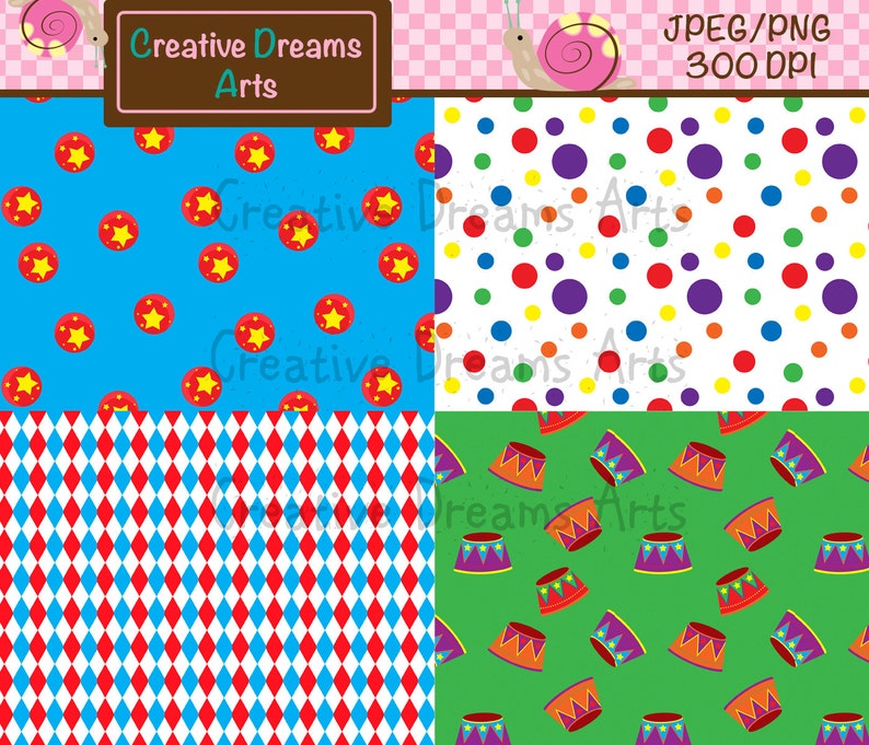 May include: Four digital paper patterns featuring circus themes. The first pattern is blue with red balls and yellow stars. The second pattern is white with red, yellow, purple, and blue polka dots. The third pattern is red and white diamond shapes. The fourth pattern is green with purple and orange drums.