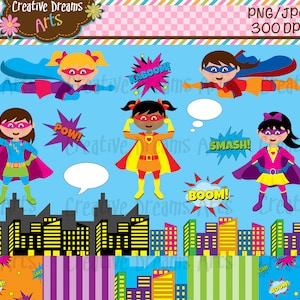 May include: A set of digital clipart featuring five superhero girls in different poses with colorful capes and masks. The girls are surrounded by speech bubbles with words like "Kaboom!" and "Pow!" and a cityscape background.