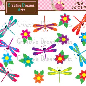 May include: A set of 12 colorful digital clipart images featuring dragonflies and flowers. The dragonflies are in various colors, including blue, green, red, orange, and purple. The flowers are in shades of pink, yellow, blue, and red.