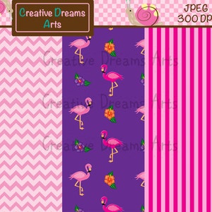 May include: Three digital paper designs featuring pink flamingos, flowers, and geometric patterns. The first design is a pink and white chevron pattern. The second design is a purple background with pink flamingos, orange flowers, and green leaves. The third design is a pink and white striped pattern.