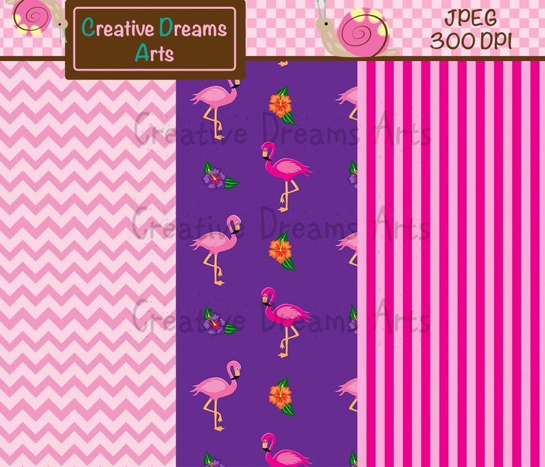 May include: Three digital paper designs featuring pink flamingos, flowers, and geometric patterns. The first design is a pink and white chevron pattern. The second design is a purple background with pink flamingos, orange flowers, and green leaves. The third design is a pink and white striped pattern.