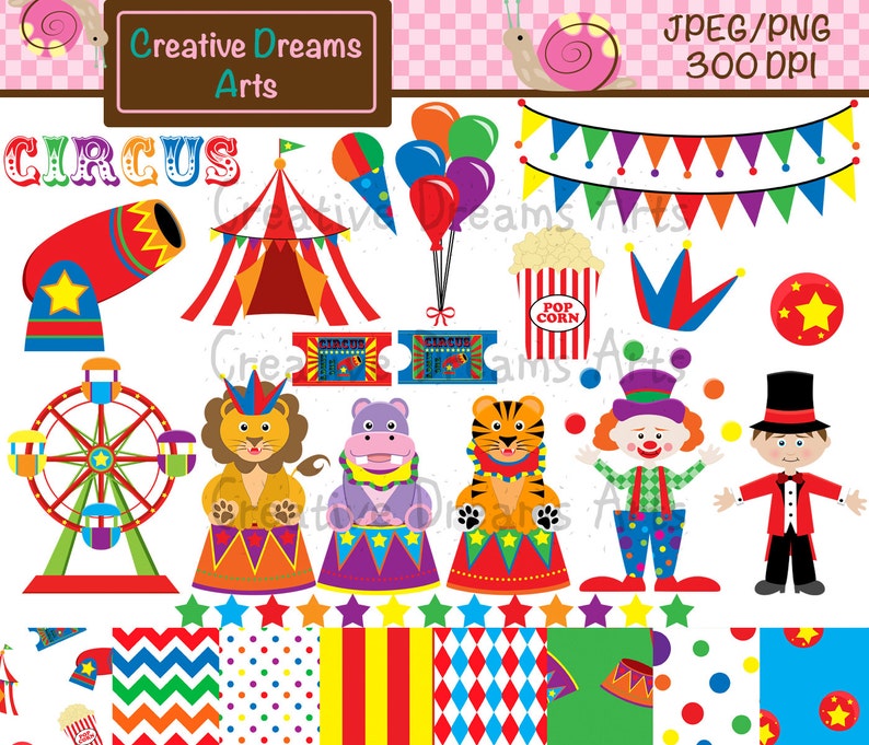 May include: A set of colorful circus clip art images, including a tent, a cannon, a Ferris wheel, a lion, a hippopotamus, a tiger, a clown, a ringmaster, popcorn, a crown, a star, and bunting. The images are on a white background with a pink and white checkered pattern.