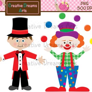 May include: A red and black ringmaster with a top hat and a green and white checkered clown juggling colorful balls.