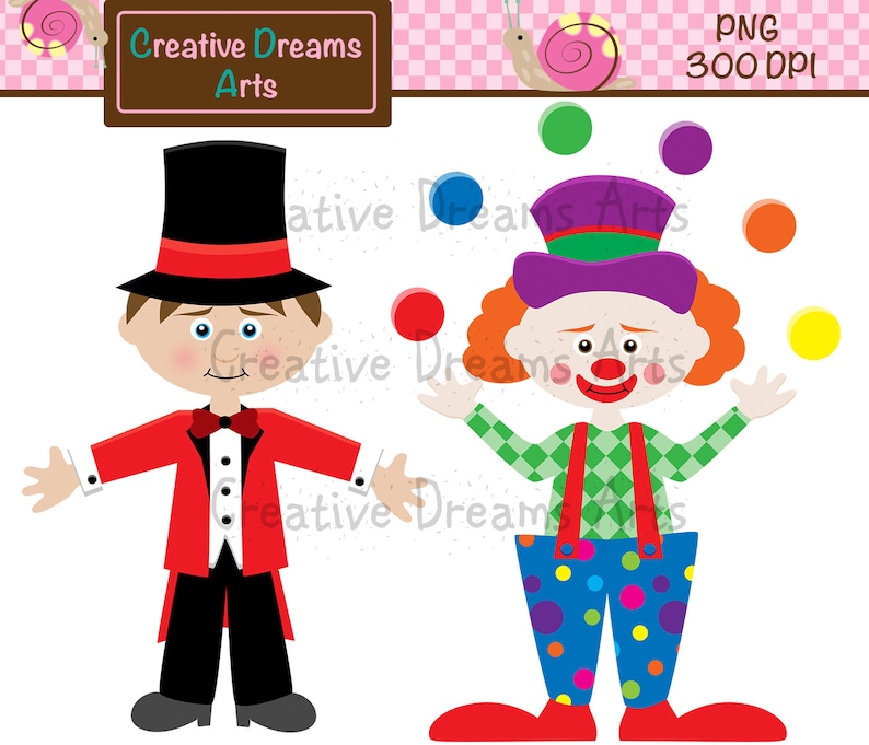May include: A red and black ringmaster with a top hat and a green and white checkered clown juggling colorful balls.