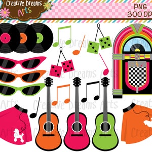 Könnte beinhalten: Ein Set mit 10 digitalen Clipart-Bildern mit Retro-Motiven aus den 50er und 60er Jahren. Das Set enthält eine Jukebox, Gitarren, Sonnenbrillen, Petticoats, Würfel und Noten. Die Bilder sind in einer leuchtenden Farbpalette aus Pink, Orange, Grün, Gelb und Schwarz gehalten.