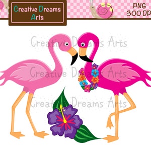 May include: Two pink flamingos with black beaks, one wearing a colorful flower lei. The flamingos are facing each other and are standing on a white background with a purple hibiscus flower and green leaves.