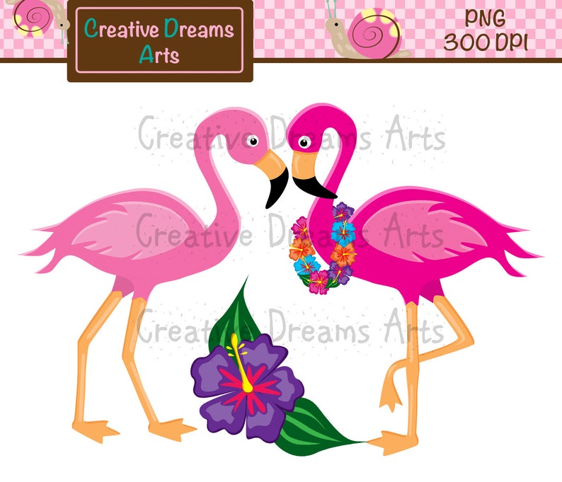 May include: Two pink flamingos with black beaks, one wearing a colorful flower lei. The flamingos are facing each other and are standing on a white background with a purple hibiscus flower and green leaves.