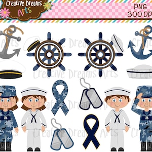 Puede incluir: Un conjunto de imágenes de clipart digital con temas náuticos y militares. El conjunto incluye dos marineros, dos soldados, dos ancras, dos timones, dos etiquetas de perro, dos cintas azules y dos gorras de marinero.