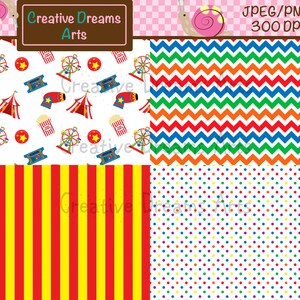 May include: Four digital paper patterns in a set. The first pattern is white with red, blue, and yellow circus-themed illustrations. The second pattern is a chevron pattern in red, orange, blue, and green. The third pattern is red and yellow stripes. The fourth pattern is white with multi-colored polka dots.