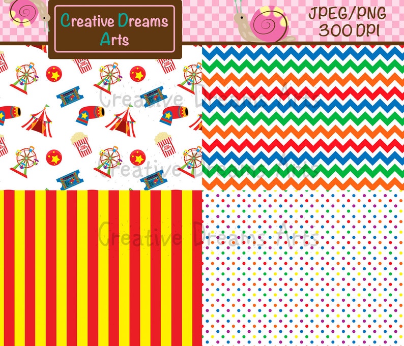 May include: Four digital paper patterns in a set. The first pattern is white with red, blue, and yellow circus-themed illustrations. The second pattern is a chevron pattern in red, orange, blue, and green. The third pattern is red and yellow stripes. The fourth pattern is white with multi-colored polka dots.
