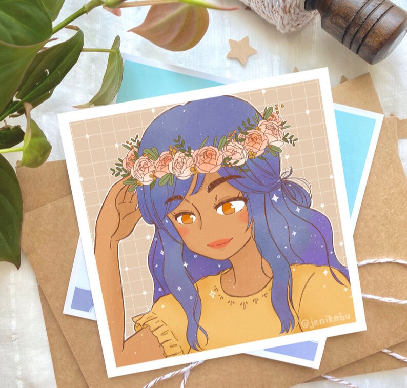 Cute Flower Girl Art Print Cottagecore Etsy