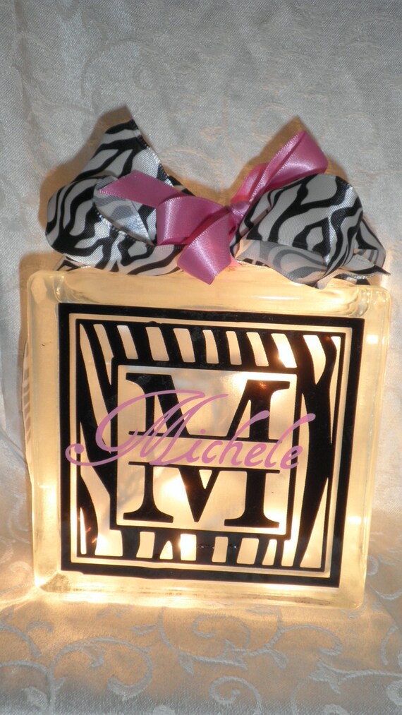 Items similar to Personalized Zebra print glass block. on Etsy