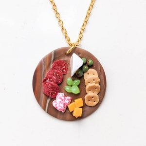 Char 'cute' erie Board Dangle Polymer Clay Necklace, Charcuterie Meat and Cheese Plate Food Themed Pendant Necklace, Handmade