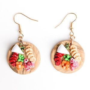 Char &#39;cute&#39; erie Board Dangle Polymer Clay Earrings, Charcuterie Meat and Cheese Plate Food Themed Earrings, Handmade Gifts and Jewelry