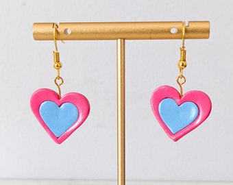 Y2K Aesthetic Hot Pink and Malibu Blue Dangle Heart Shaped Earrings | Handmade Polymer Clay Jewelry | Valentines Day Gifts | Clip On Option
