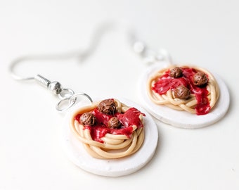 Boucles d'oreilles pendantes en pâte polymère spaghetti et boulettes de viande | Boucles d'oreilles pâtes | Boucles d'oreilles aliments originaux | Cadeaux et bijoux faits main | Clip sur l'option