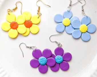 Purple Silver 70/'s Mod Inspired Handmade Resin Earrings