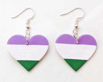 Handmade Genderqueer Pride Flag Heart Earrings: Polymer Clay LGBTQA+ Jewelry