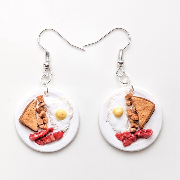 Breakfast Plate Dangle Polymer Clay Earrings | Bacon Egg Toast and Home Fries | Food Themed Earrings | Handmade Gifts and Jewelry | Quirky