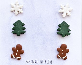 Handmade Christmas Stud Earrings 3 Pack: Polymer Clay Holiday Set