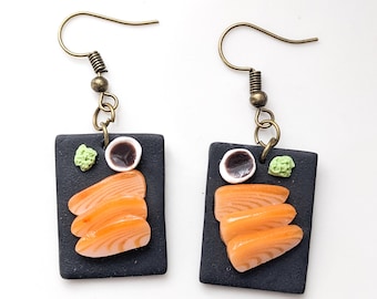 Salmon Sashimi Plate Dangle Earrings: Handmade Polymer Clay Sushi Jewelry
