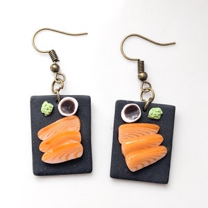 Salmon Sashimi Plate Dangle Polymer Clay Earrings, Asian Food Sushi Themed Earrings, Handmade Gifts and Jewelry