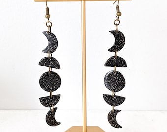 Handmade Black Glitter Moon Phase Dangle Earrings: Boho Witchy Jewelry