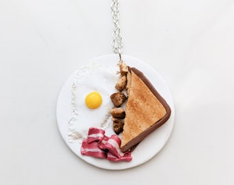 Handmade Polymer Clay Breakfast Plate Necklace | Egg, Toast & Bacon Pendant