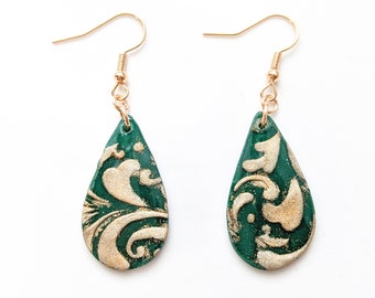 Green and Gold Floral Scroll High Gloss Teardrop Dangle Earrings | Handmade Polymer Clay and Resin Jewelry | Holiday Jewelry and Accessories