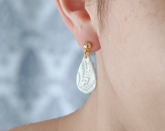 Bridal Lace Polymer Clay Drop Earrings: Pearly White & Gold