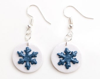 Blue and White Snowflake Polymer Clay Round Dangle Earrings | Handmade Winter Jewelry | Christmas Gif Ideas | Clip On Option