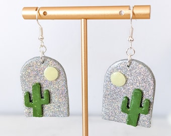Holo Glitter Cactus Dangle Earrings: Rhinestone Cowboy Tombstone, Glow-in-the-Dark Moon
