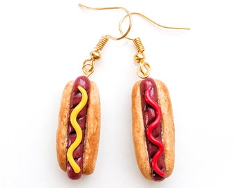 Hot Dog Dangle Polymer Clay Earrings, Hot Dogs in New England Style Buns with Mustard and Ketchup, Food Themed Earrings, Handmade Gifts