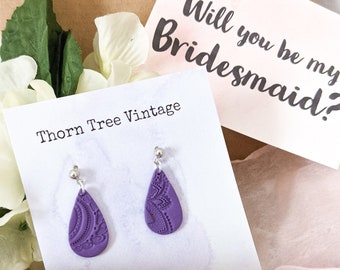 Custom Order Swatch-Matching Bridesmaid Wedding Party Drop Earrings, Handmade Polymer Clay Jewelry Gifts, Dainty Lace Detail