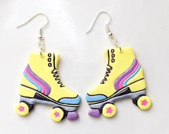 Retro Rollerskate Dangle Earrings | Yellow Polymer Clay, 70s Style